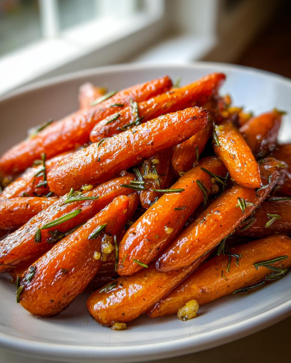 A close-up of perfectly glazed roasted carrots tossed with fresh rosemary and garlic.