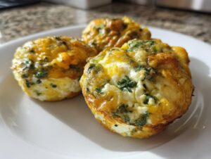 Three golden brown, baked egg bites mixed with green spinach, served on a white plate.