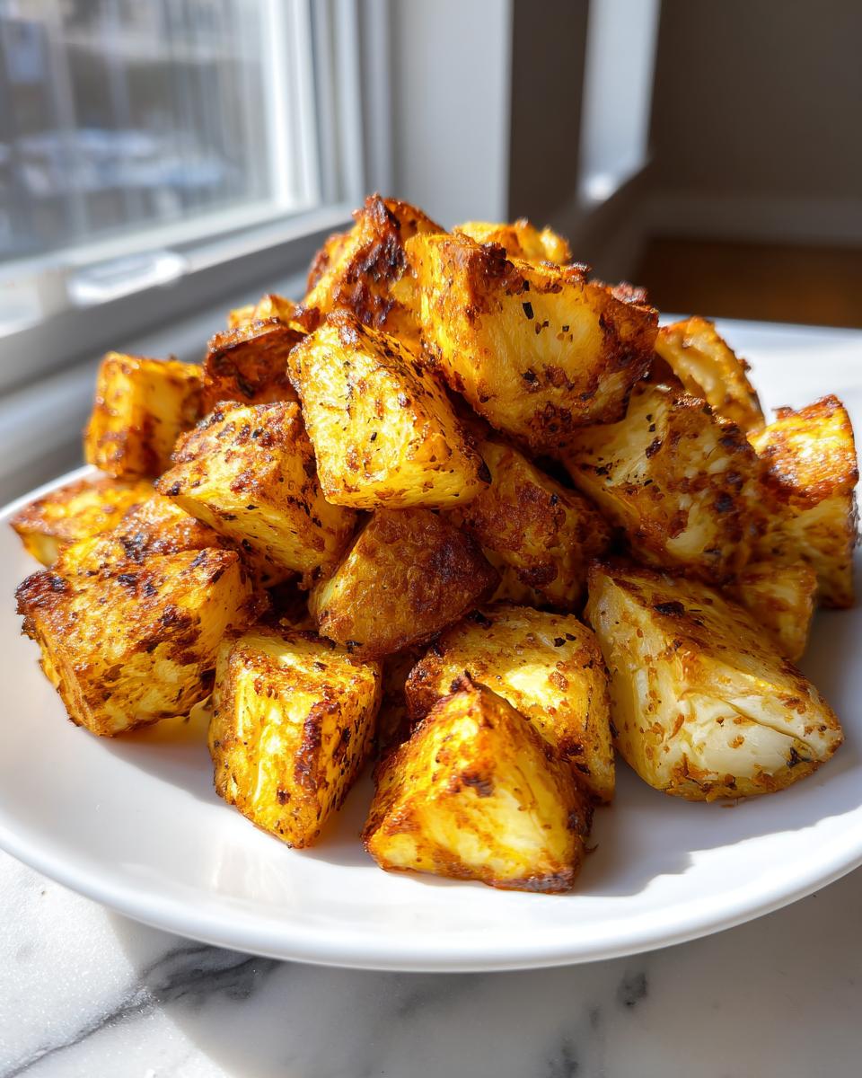A mound of perfectly seasoned and golden brown breakfast potatoes piled high on a white plate.
