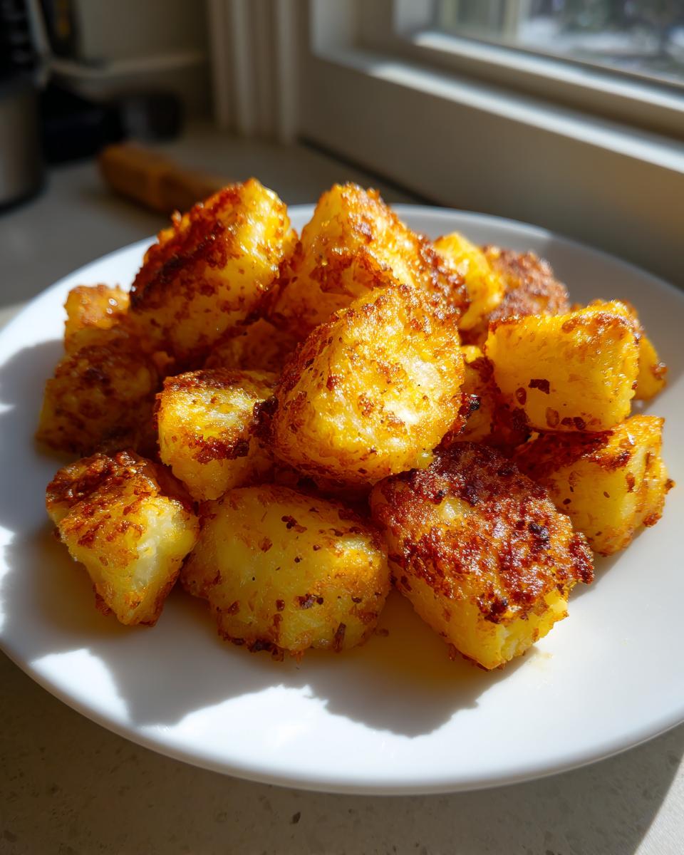 A pile of perfectly golden and crispy breakfast potatoes served on a white plate, catching bright sunlight.