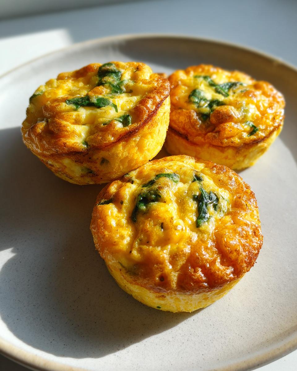 Three golden, baked egg bites mixed with spinach served on a light gray plate.