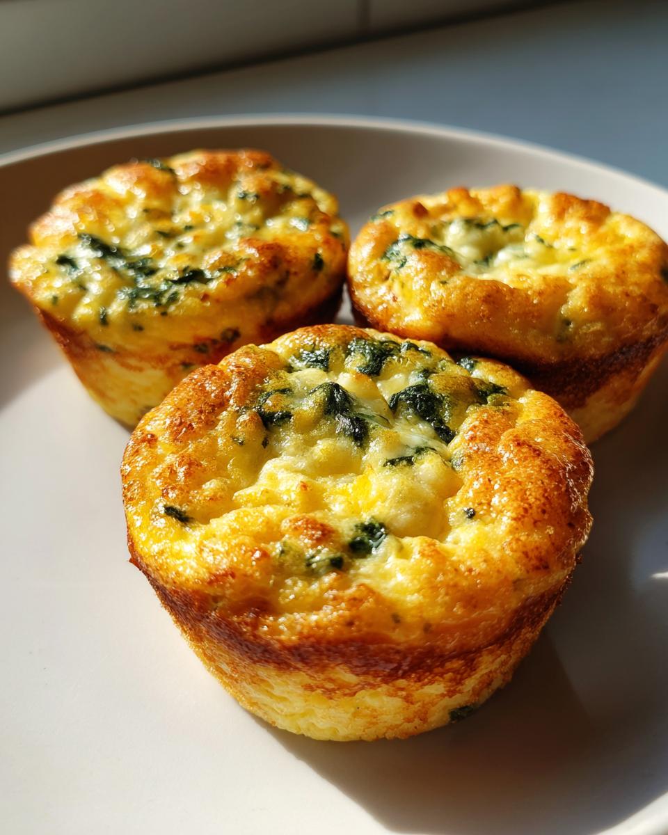 Three golden brown, fluffy egg bites mixed with spinach served on a white plate.