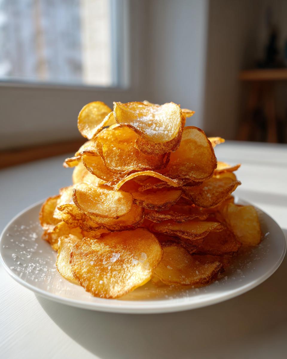 A tall stack of golden, crispy homemade potato chips sprinkled with salt, served on a white plate.