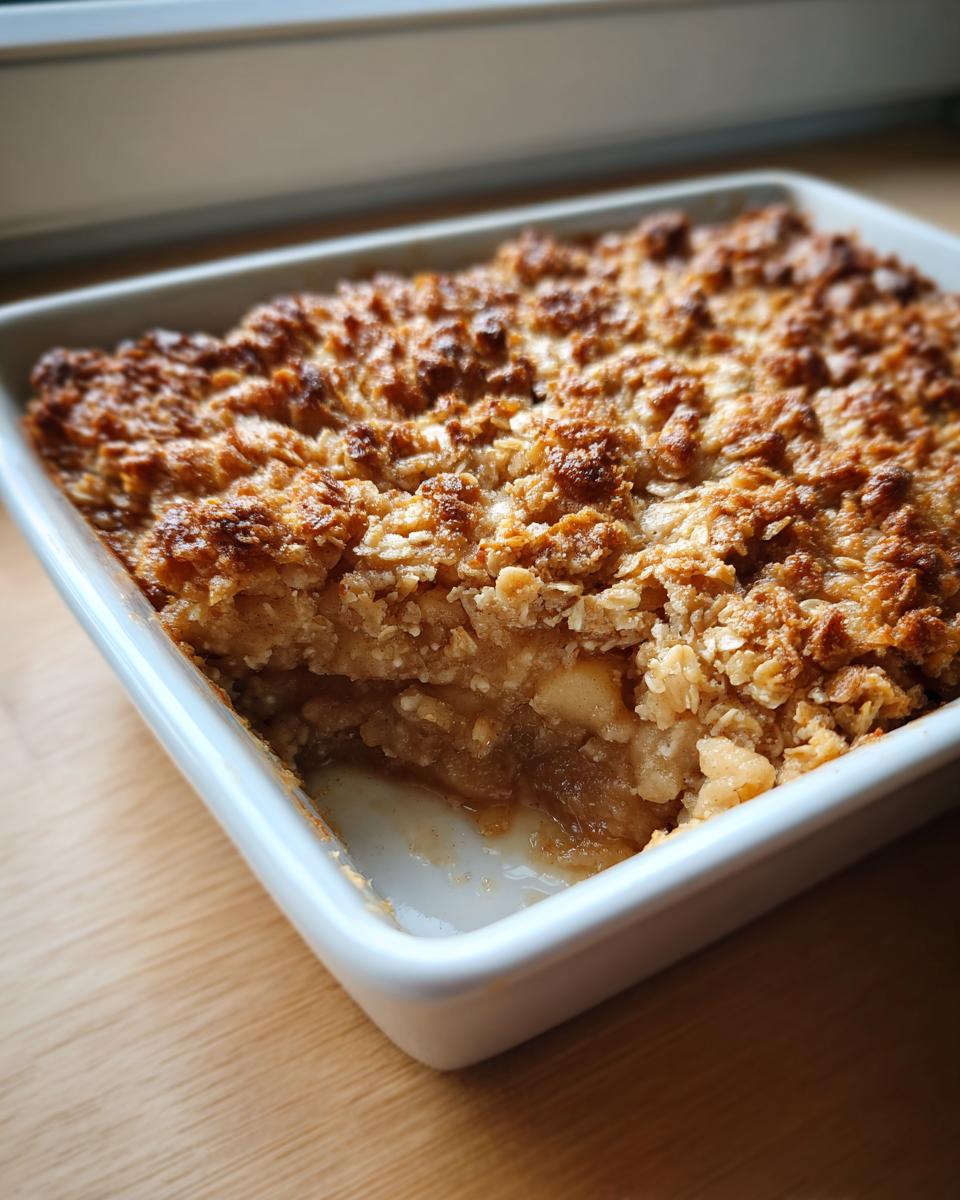 Close-up of a freshly baked pear crisp with a golden, crunchy oat topping in a square white dish.