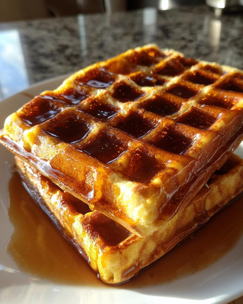 Close-up of two golden-brown pumpkin waffles stacked and generously covered in maple syrup.