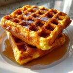 Close-up of two golden brown pumpkin waffles stacked and drizzled generously with maple syrup on a white plate.