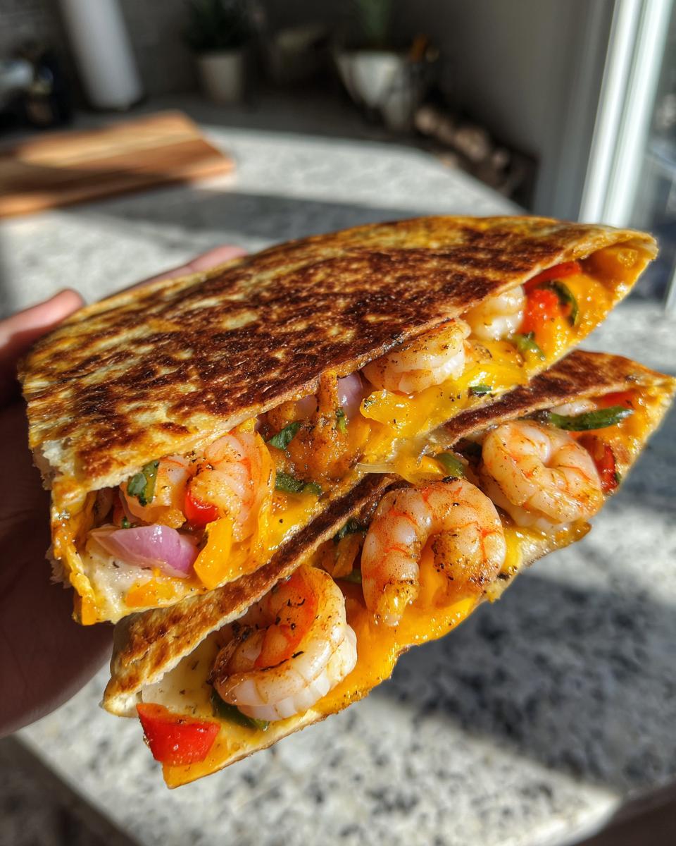 A person holding two halves of a perfectly grilled shrimp quesadilla overflowing with shrimp, melted cheddar cheese, and colorful peppers.