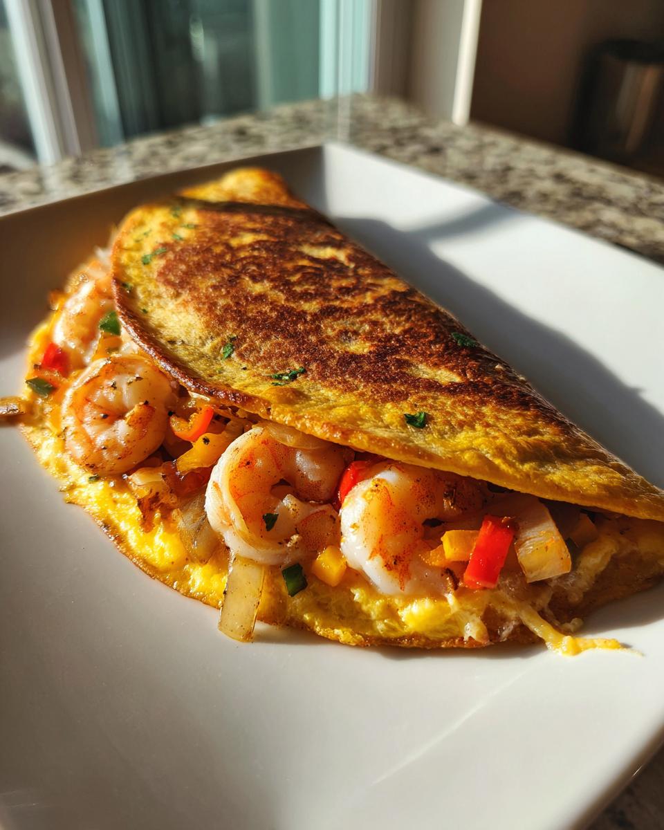 A perfectly cooked, folded egg wrap filled with seasoned shrimp and colorful peppers, resembling a shrimp quesadilla.