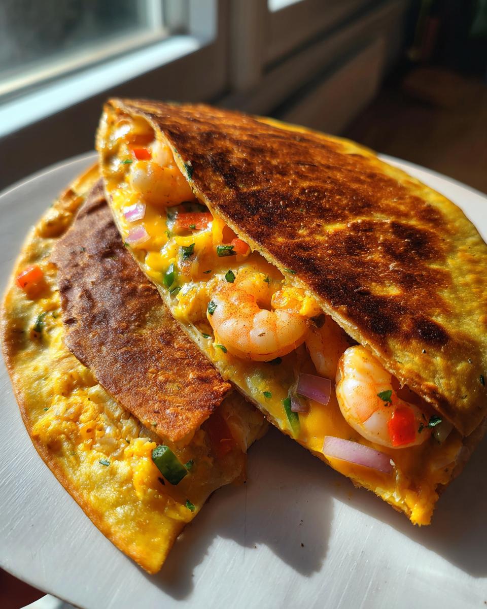 Two halves of a perfectly grilled shrimp quesadilla showing plump shrimp, melted cheese, and diced peppers inside.