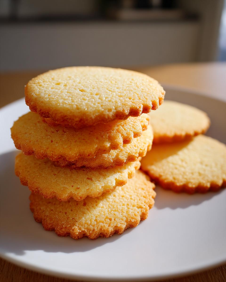 A stack of four golden brown, round sugar cookies with scalloped edges resting on a white plate.