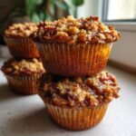 Two gooey pecan pie muffins stacked on top of each other, featuring a crumbly, caramelized topping.