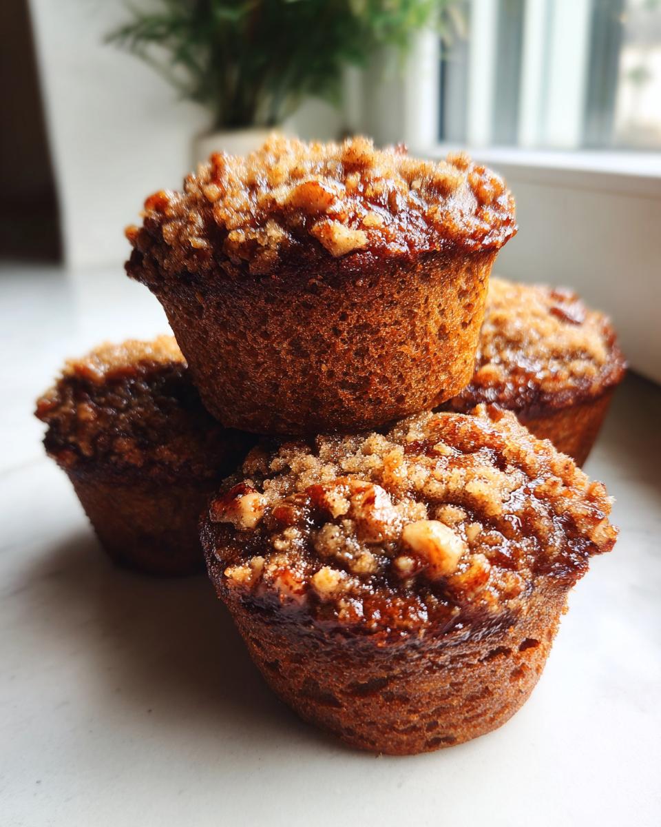 A close-up stack of four rich, brown pecan pie muffins topped with a sticky, crunchy pecan streusel.