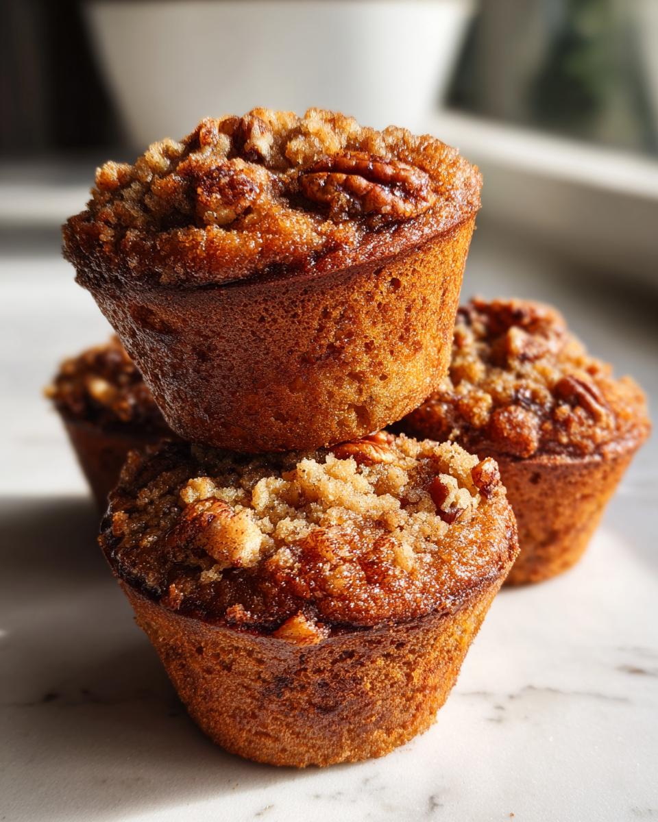A close-up stack of three golden brown pecan pie muffins topped with streusel and whole pecans.