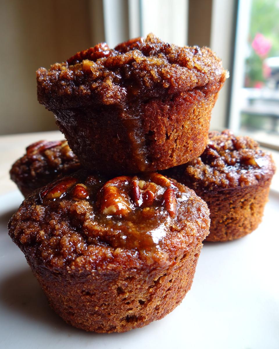 A close-up of several rich, brown pecan pie muffins stacked, topped with a gooey glaze and whole pecans.