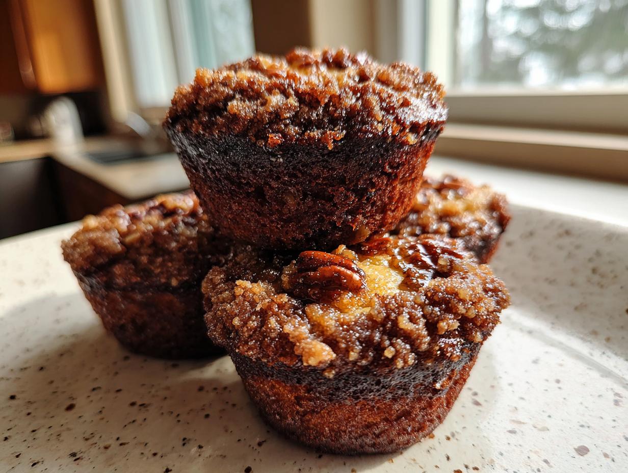A close-up stack of three rich, dark pecan pie muffins with a gooey, crumbly topping.