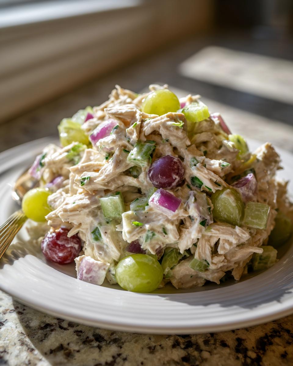 A mound of creamy greek yogurt chicken salad mixed with red onion and green grapes served on a white plate.