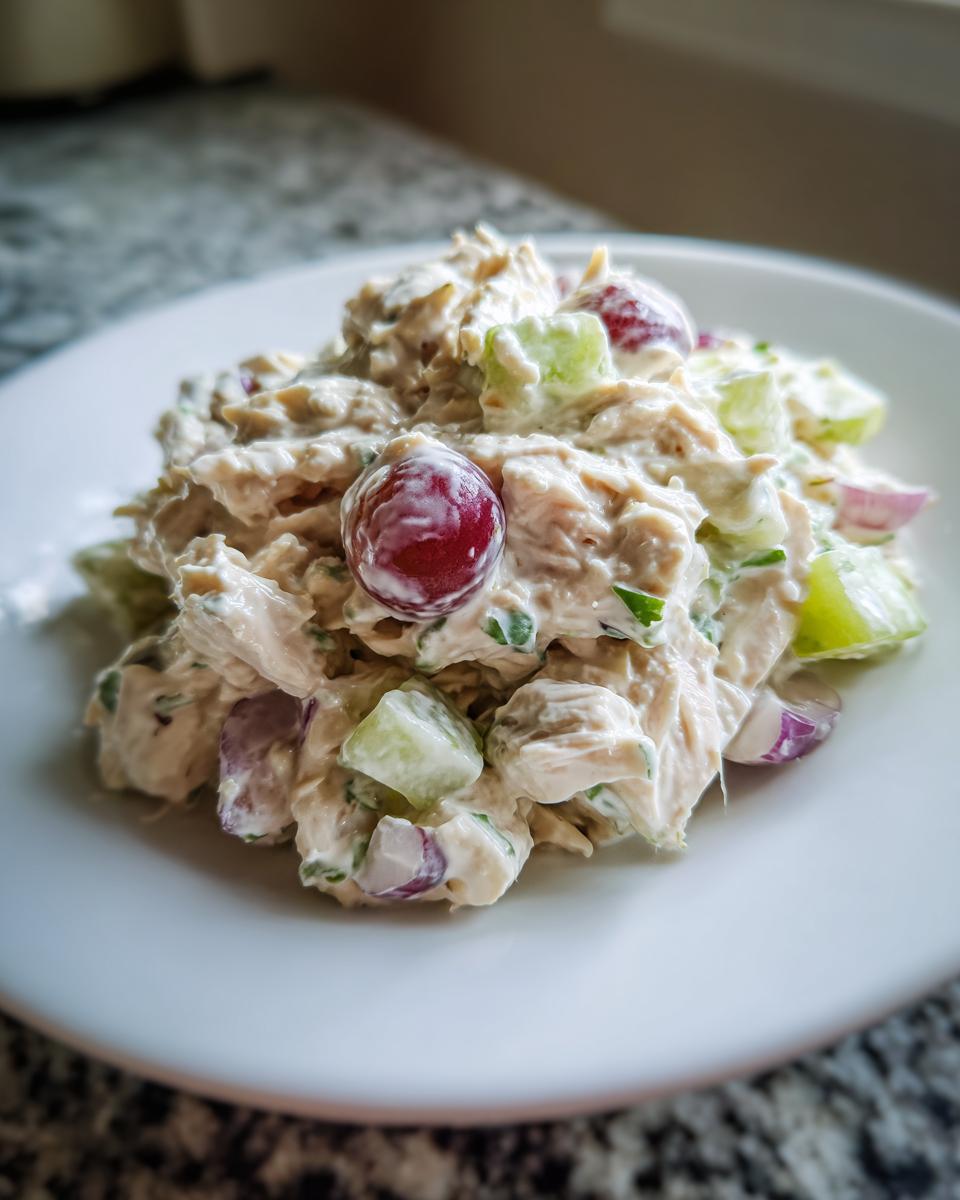 A close-up serving of creamy greek yogurt chicken salad mixed with red grapes, celery, and red onion on a white plate.
