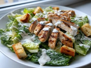 Close-up of a fresh caesar salad topped with sliced grilled chicken, croutons, and creamy dressing.