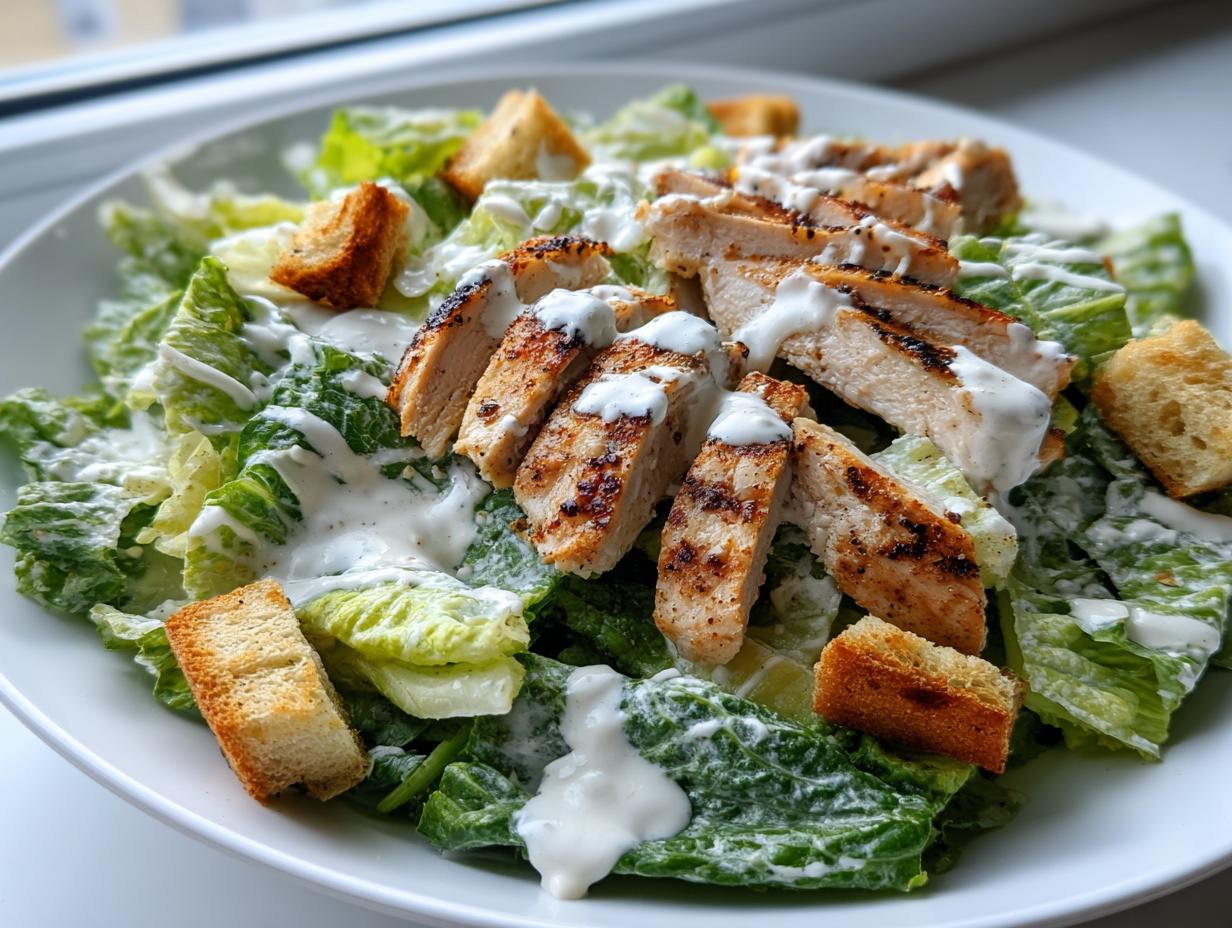 Close-up of a fresh caesar salad topped with sliced grilled chicken, croutons, and creamy dressing.