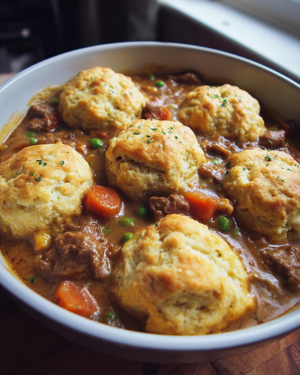 Close-up of a bowl filled with rich stew featuring chunks of ground beef, carrots, peas, and topped with fluffy baked dumplings.