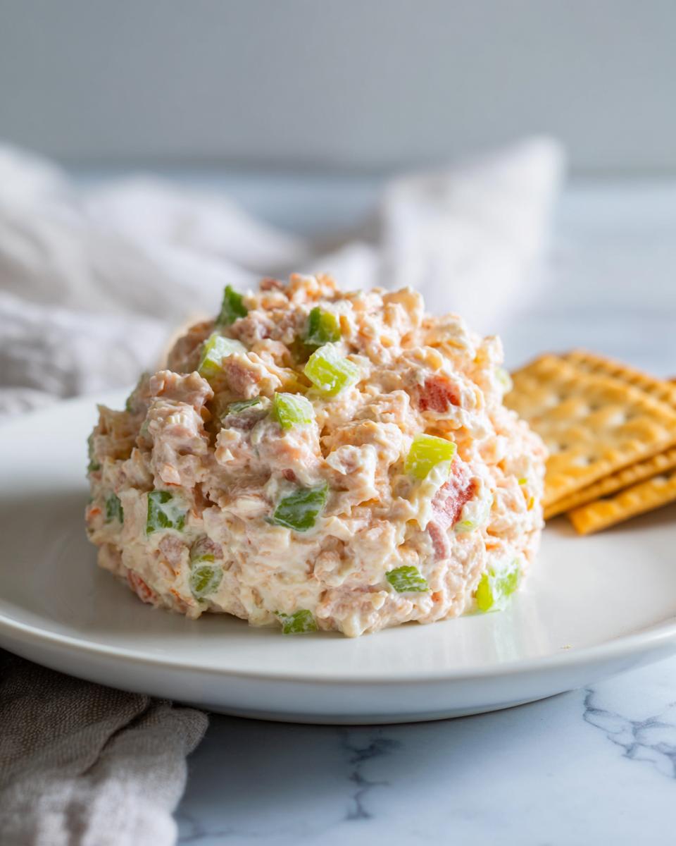 A scoop of creamy ham salad recipe mixed with green celery and red pimento, served on a white plate next to crackers.