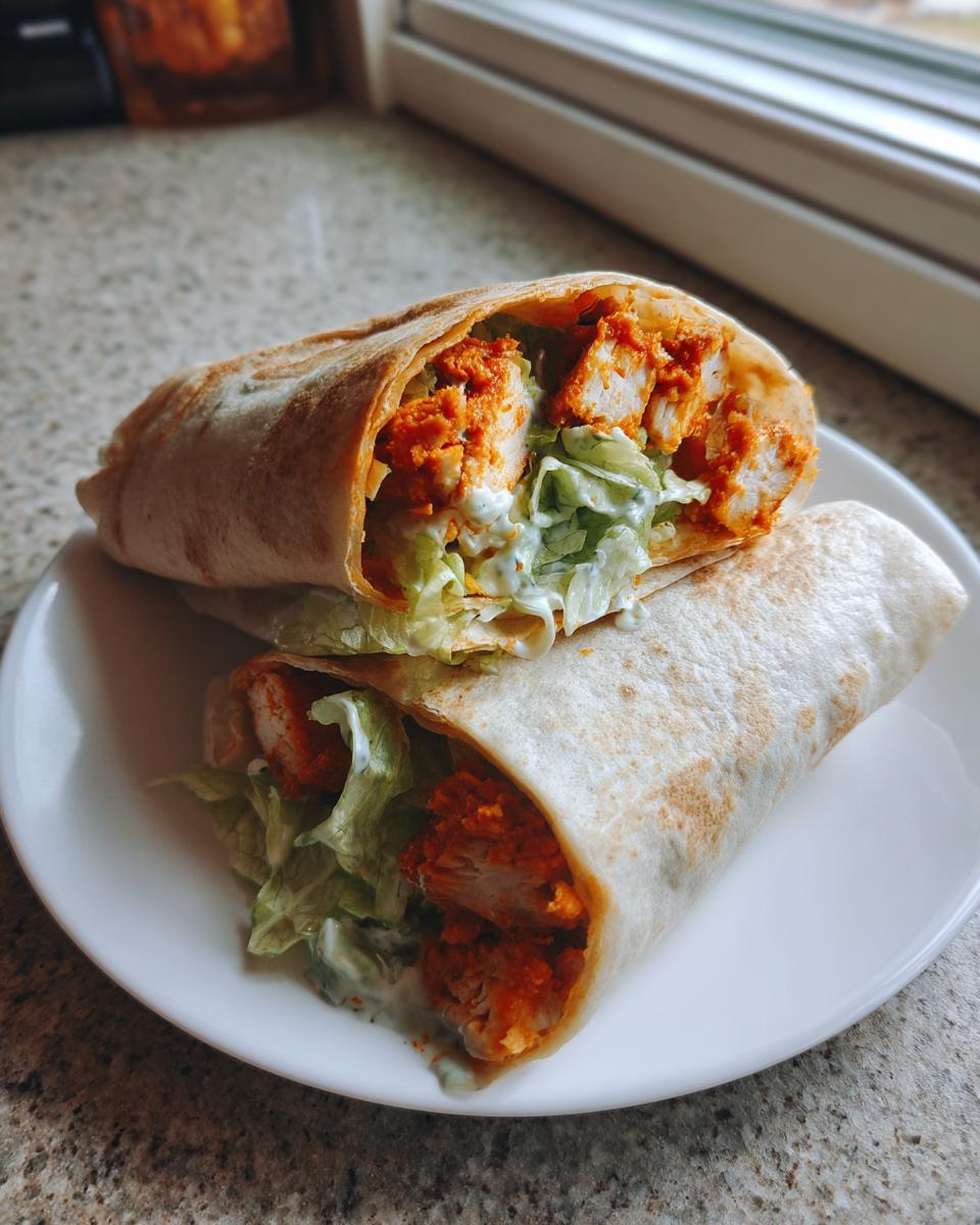 Two halves of a delicious buffalo chicken wrap filled with crispy chicken, lettuce, and ranch dressing.