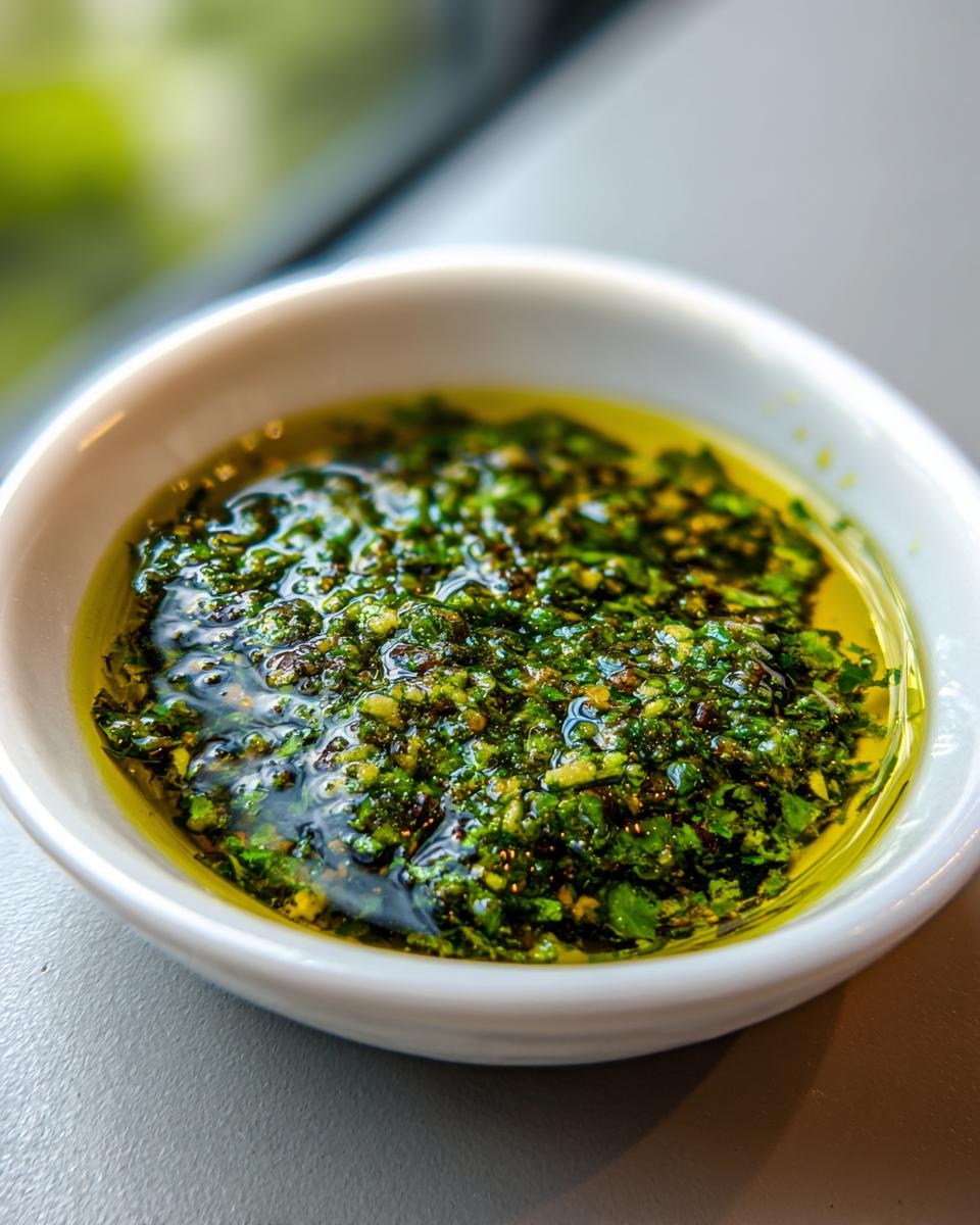 A close-up shot of a vibrant, herbaceous olive oil bread dip mixture resting in a small white bowl.