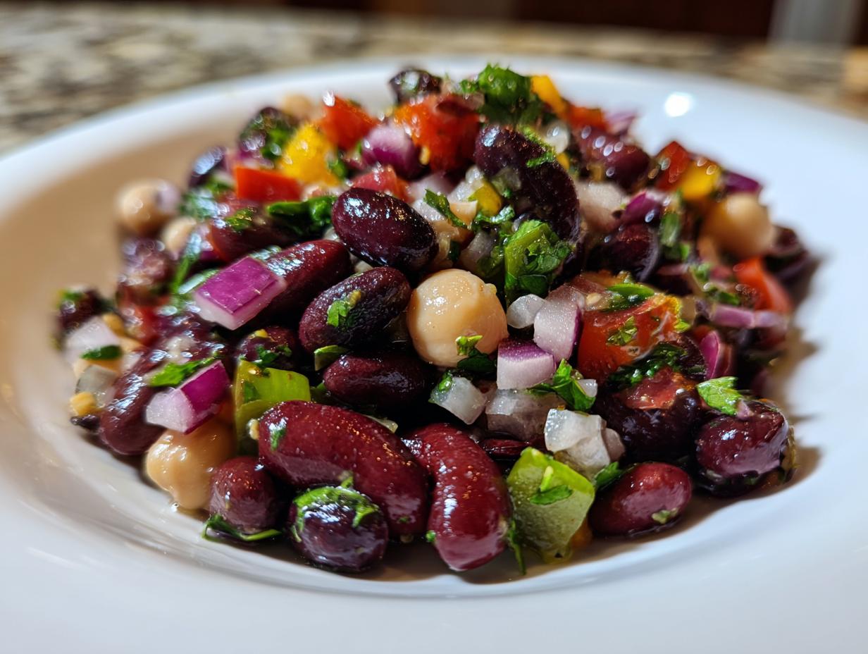 Close-up of a vibrant, fresh bean salad featuring kidney beans, chickpeas, red onion, and herbs.
