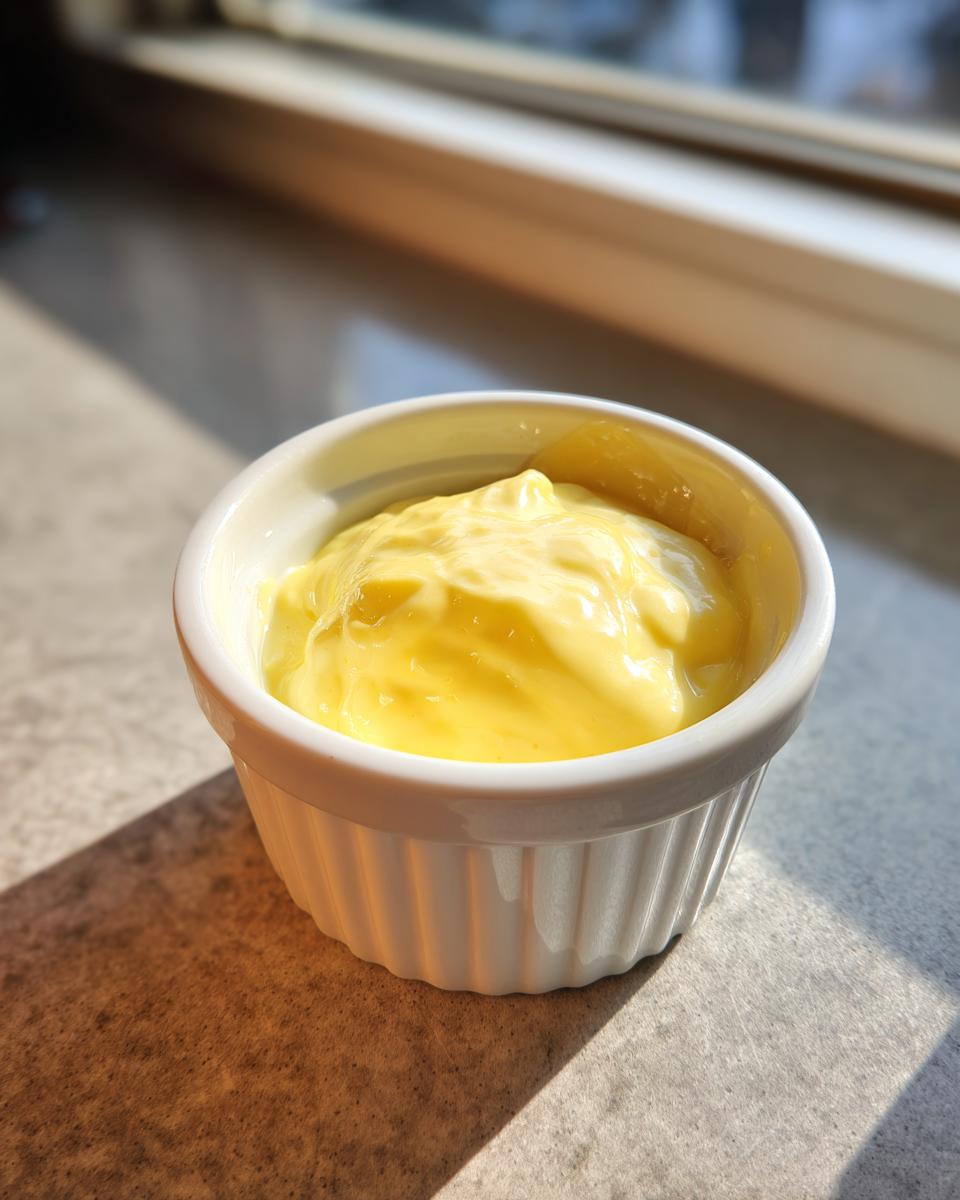 A close-up of rich, yellow hollandaise sauce served in a small, white, ribbed ramekin dish.