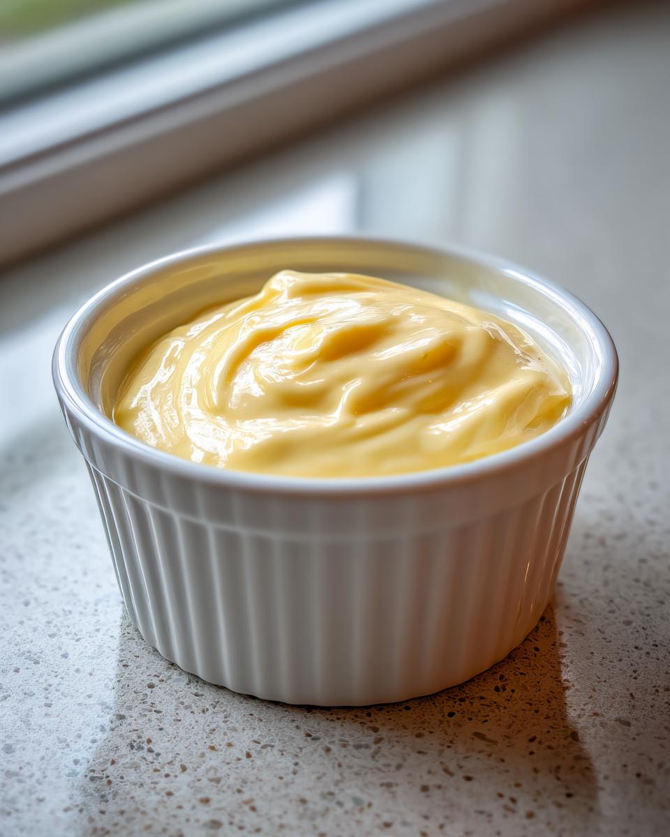 A close-up of thick, yellow hollandaise sauce served in a white, fluted ramekin.