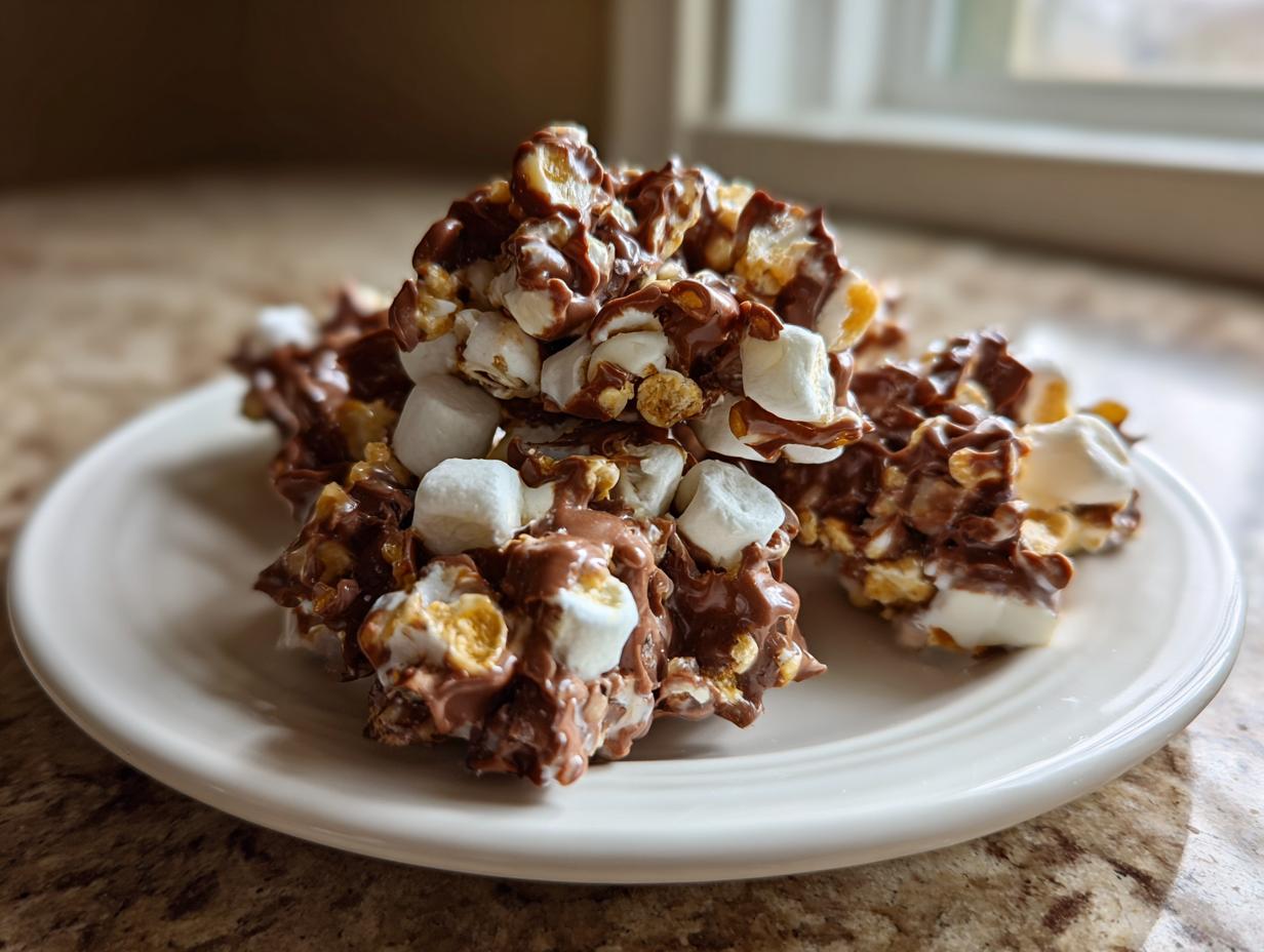 A cluster of rich, chocolate-covered avalanche cookies featuring marshmallows and cereal on a white plate.