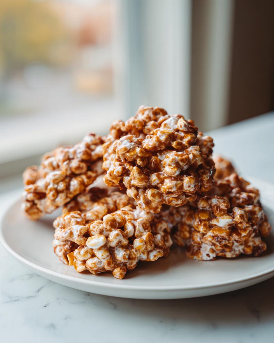 A stack of gooey, caramel-colored avalanche cookies made with cereal and marshmallow on a white plate.