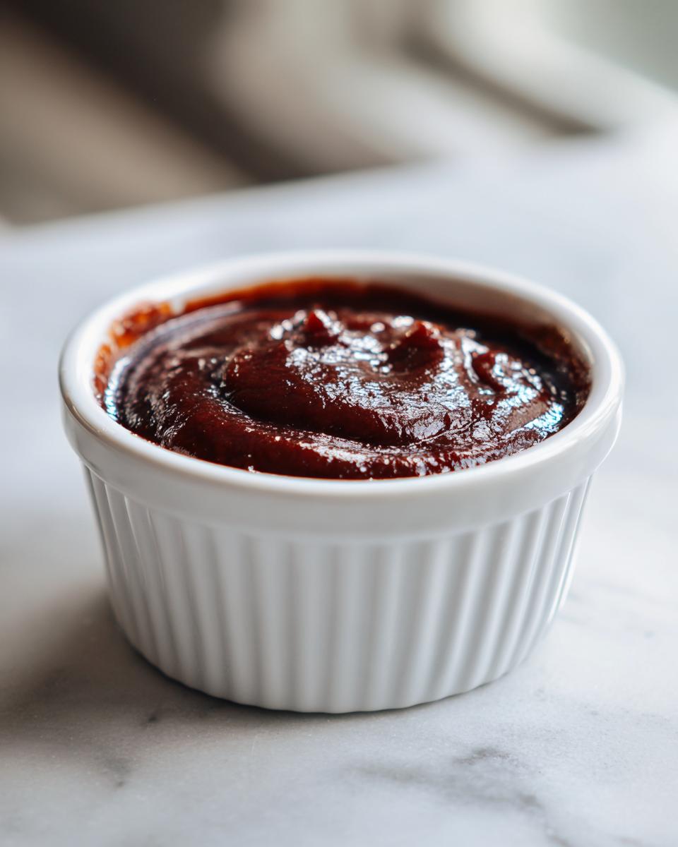 Close-up of thick, dark red homemade bbq sauce served in a small white fluted ramekin.