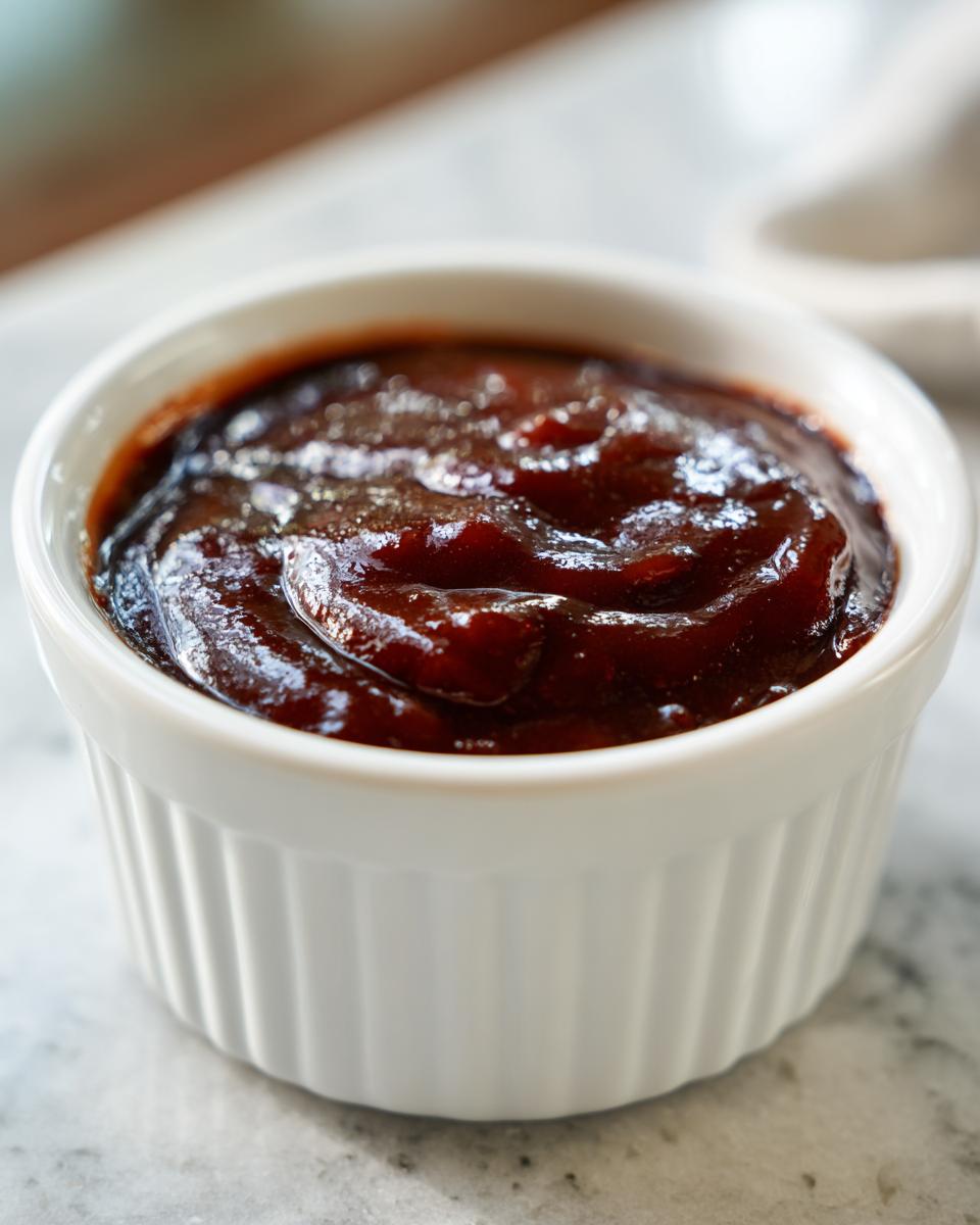 Close-up of thick, dark homemade bbq sauce served in a small white fluted ramekin.