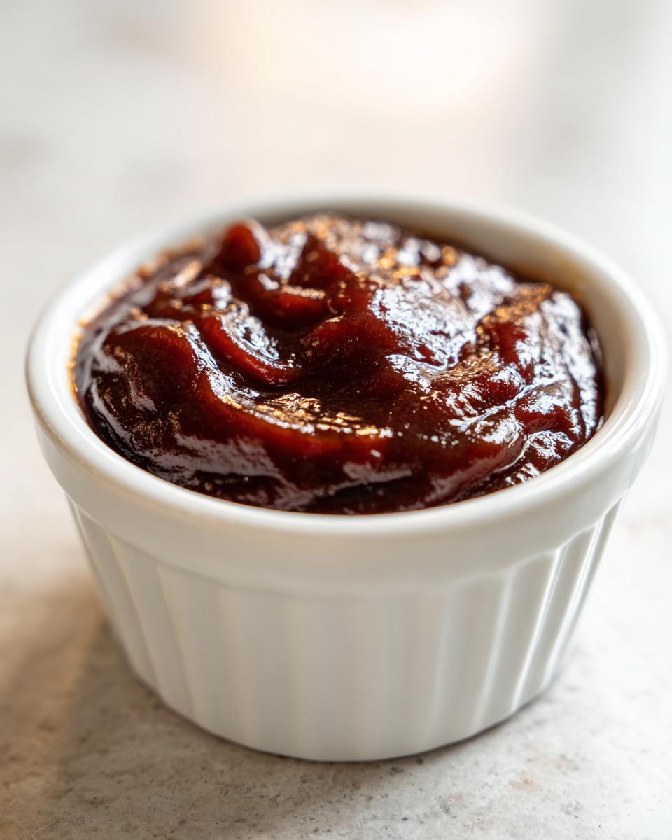 Close-up of thick, glossy, dark brown homemade bbq sauce served in a small white ceramic ramekin.