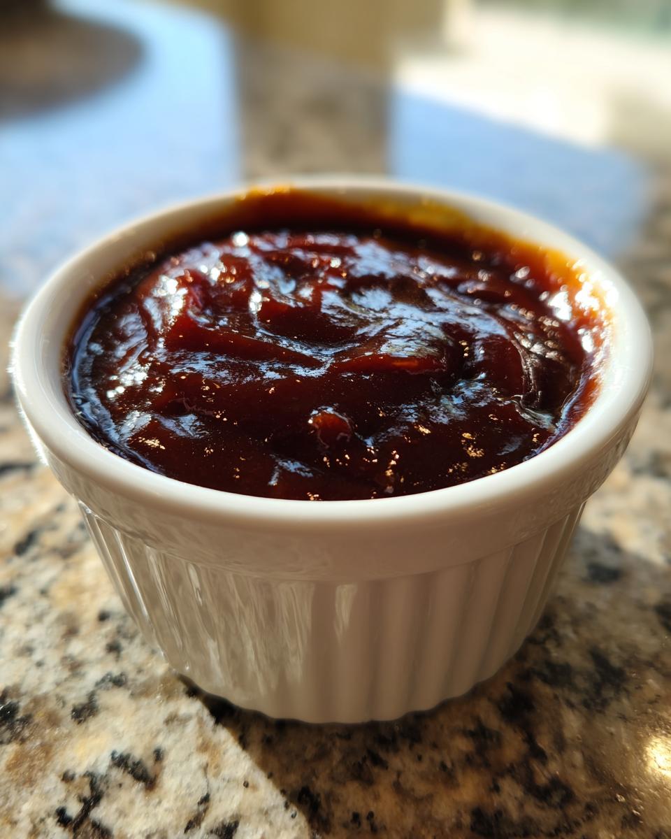 A close-up shot of thick, glossy, dark brown homemade bbq sauce served in a small white ramekin.