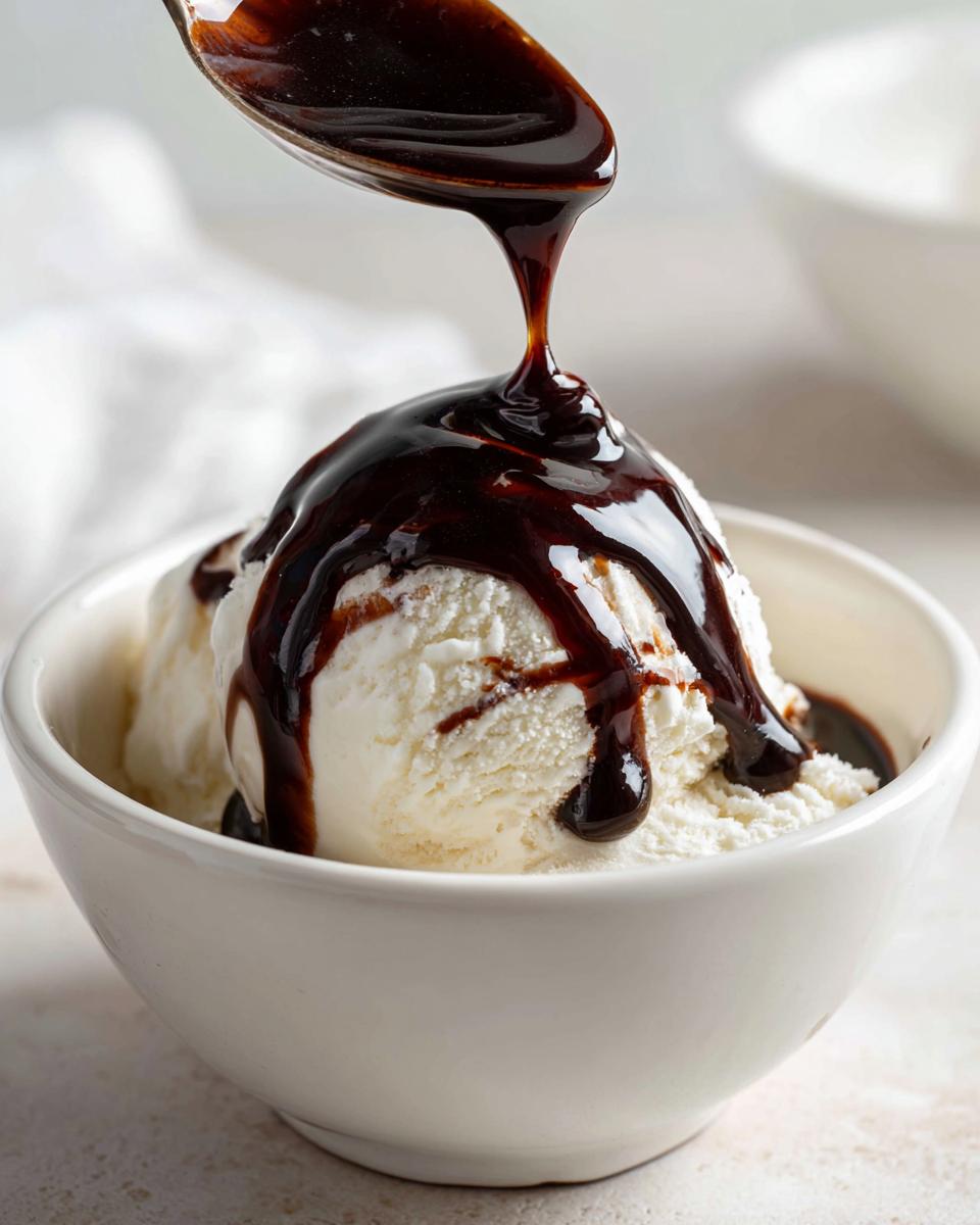 A spoonful of rich chocolate syrup is being drizzled over two scoops of vanilla ice cream in a white bowl.