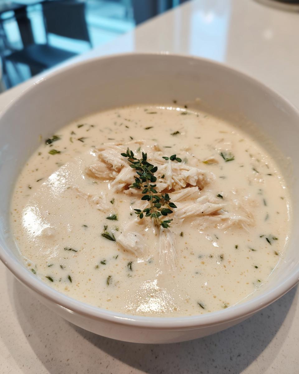 A close-up of a white bowl filled with rich homemade cream of chicken soup, topped with shredded chicken and fresh thyme.