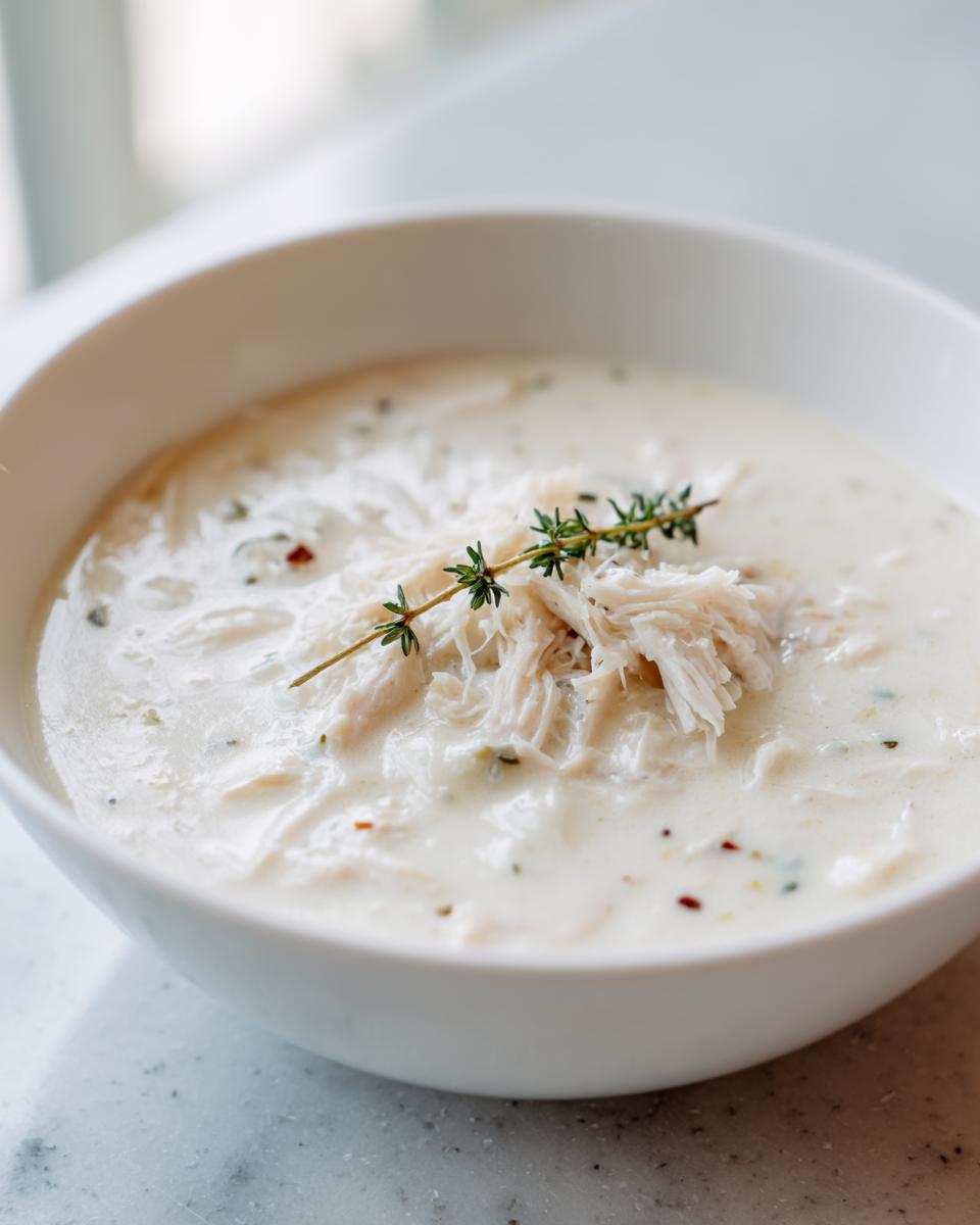 Close-up of a white bowl filled with rich homemade cream of chicken soup, topped with shredded chicken and a sprig of thyme.