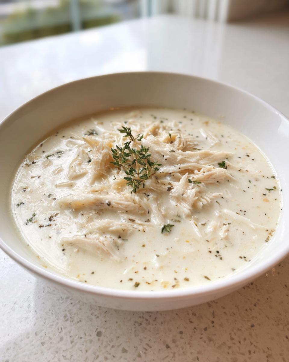 A close-up of a white bowl filled with rich homemade cream of chicken soup, topped with shredded chicken and fresh thyme.