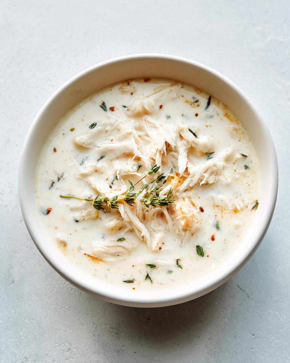 Overhead view of a bowl of rich, creamy homemade cream of chicken soup topped with shredded chicken and fresh thyme.