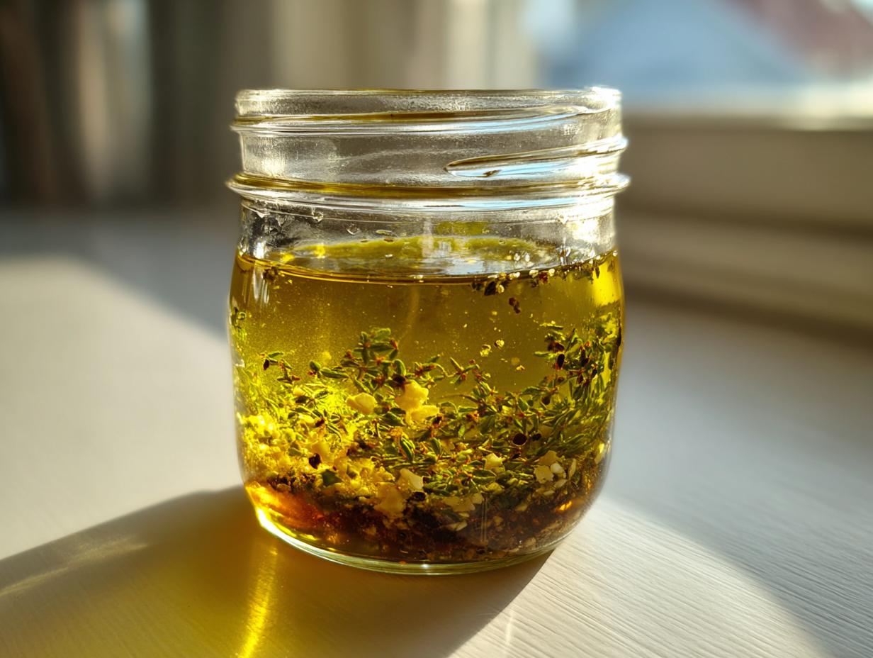 A glass jar filled with homemade salad dressing featuring olive oil, fresh herbs, and garlic pieces.