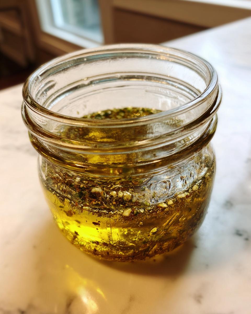 Close-up of homemade salad dressing, featuring oil suspended with herbs and spices, stored in a small glass jar.