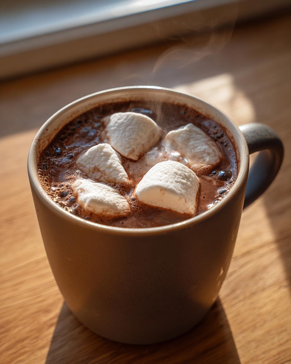 Close-up of steaming homemade hot cocoa topped with fluffy white marshmallows in a mug.