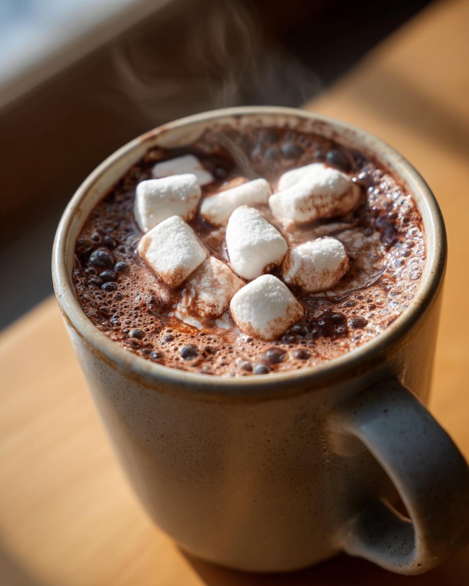 Close-up of steaming homemade hot cocoa topped with fluffy white marshmallows in a speckled mug.