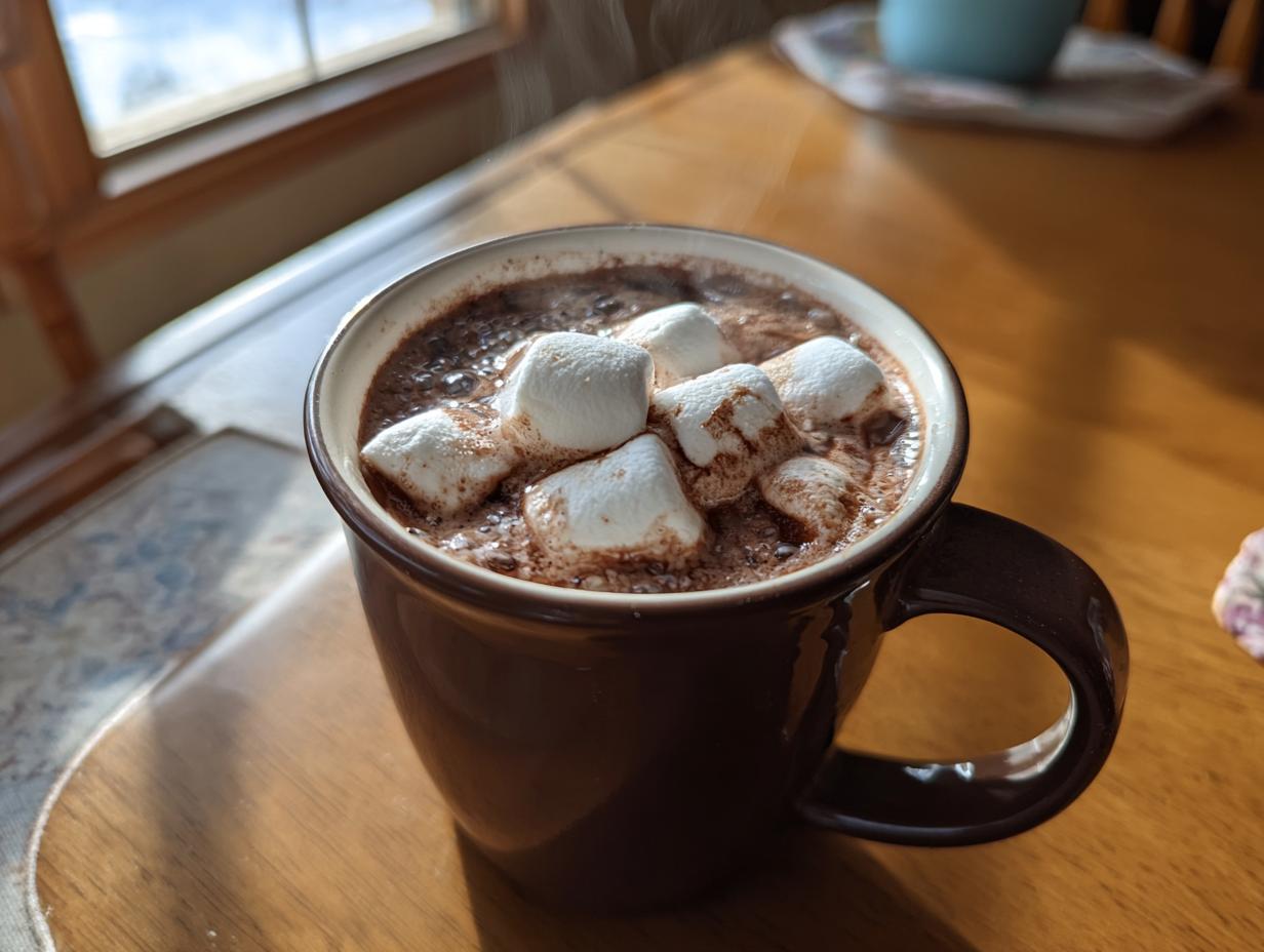 A close-up of steaming homemade hot cocoa topped with fluffy white marshmallows in a dark brown mug.