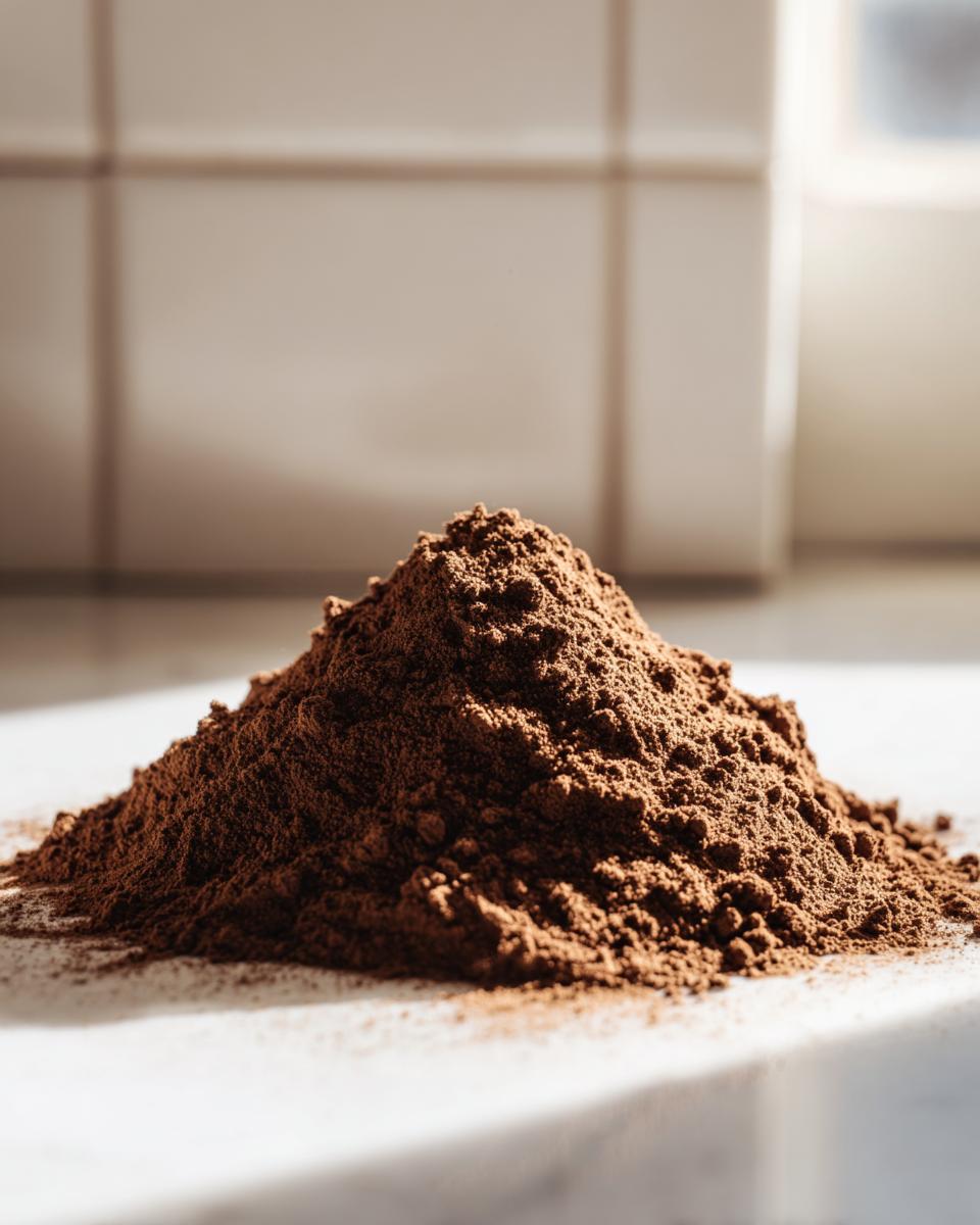 Close-up of a mound of rich brown homemade hot cocoa mix powder on a white surface.