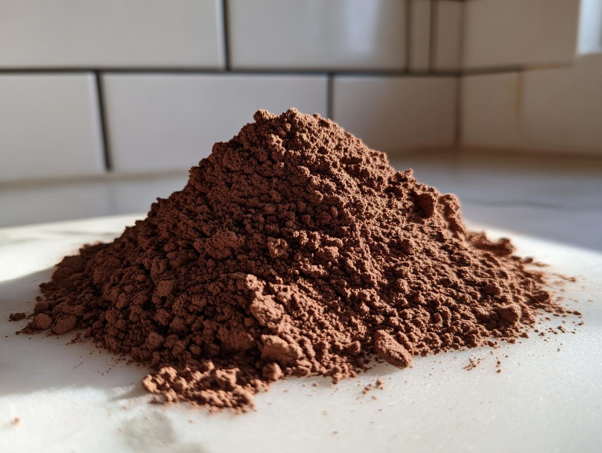 A mound of rich brown homemade hot cocoa mix powder sitting on a white countertop with a tiled background.