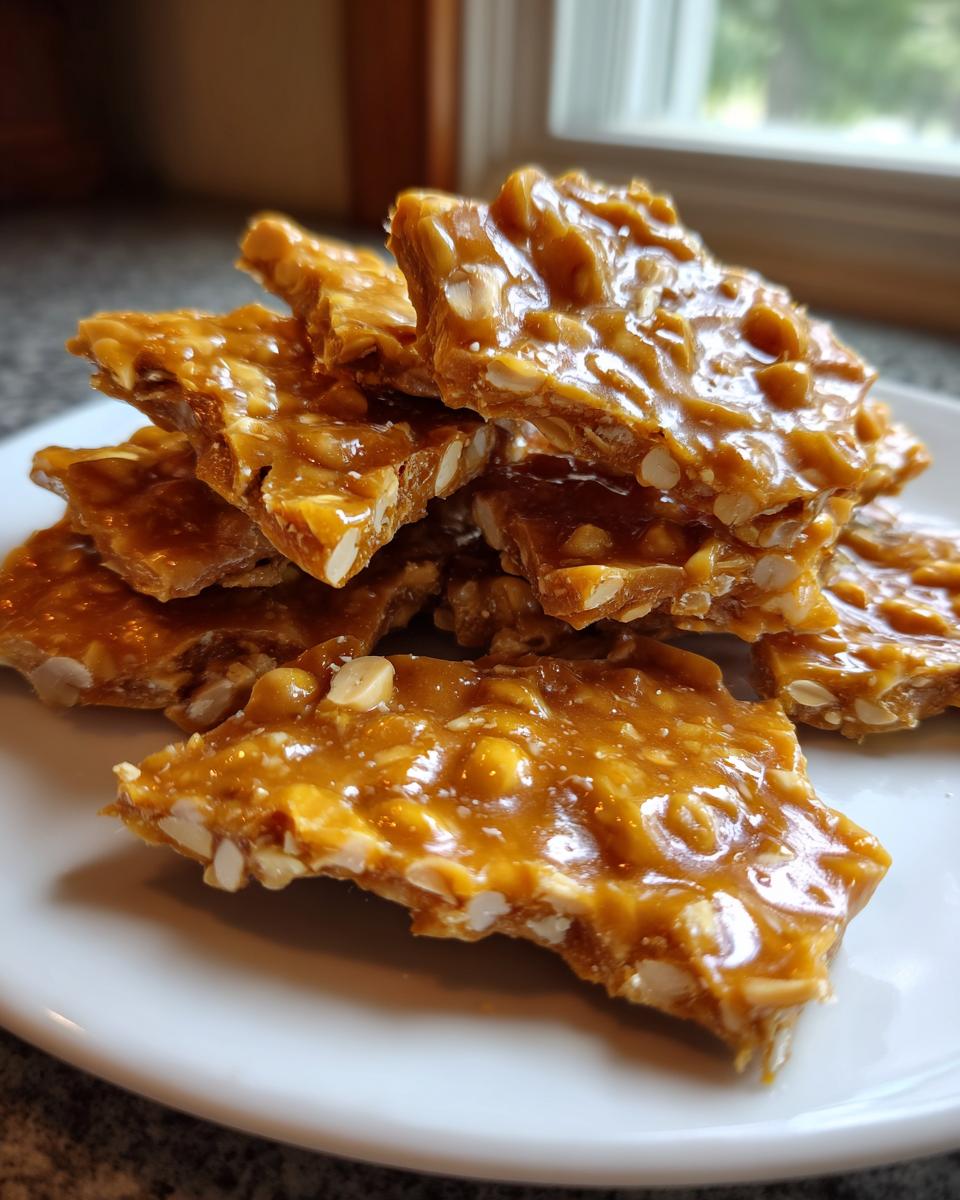 A stack of broken, glossy pieces of homemade peanut brittle recipe on a white plate.