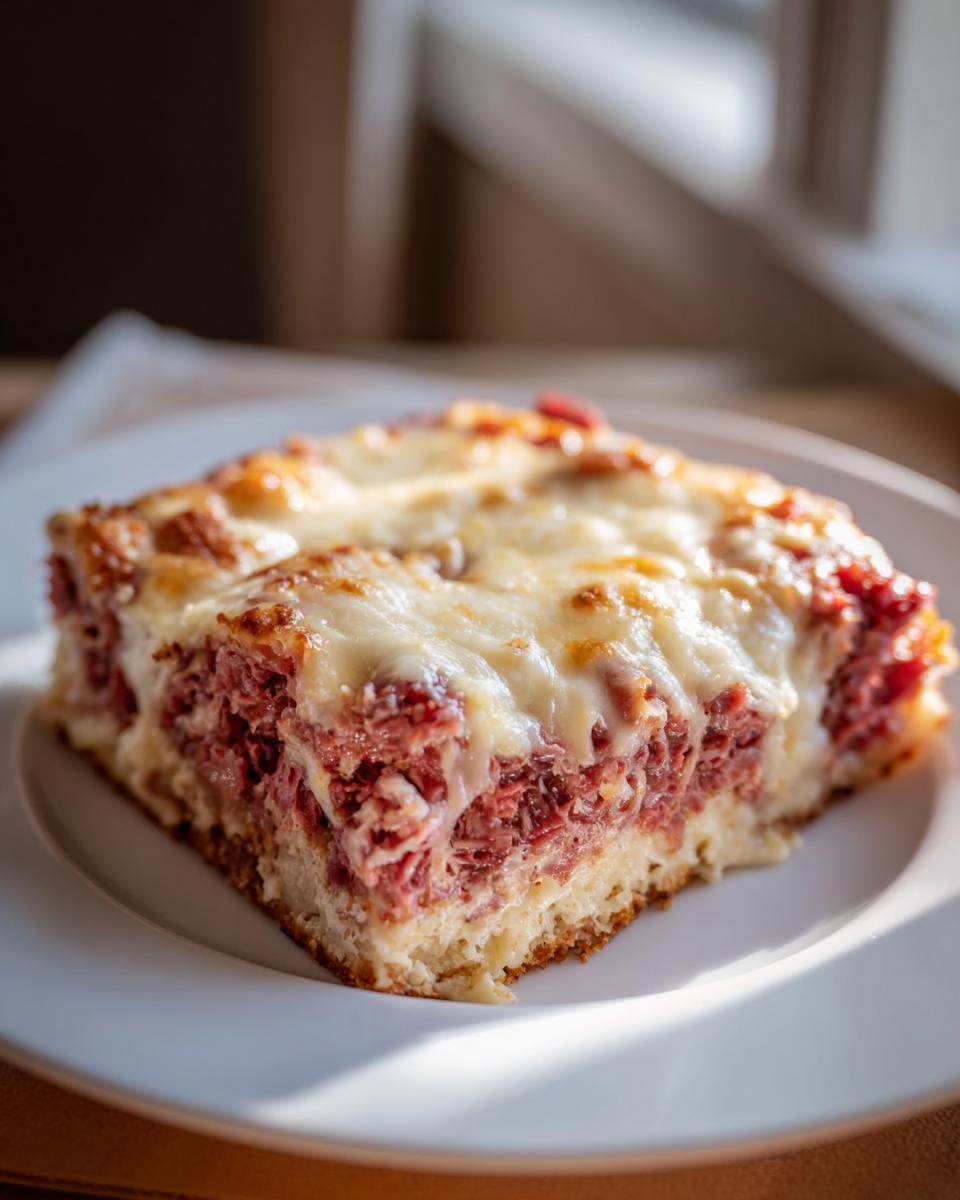 A square slice of homemade reuben bake with shredded corned beef and melted cheese topping on a white plate.